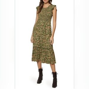 Lost + Wander Blossom and Bloom Floral Midi Dress Olive & Pink Size Medium